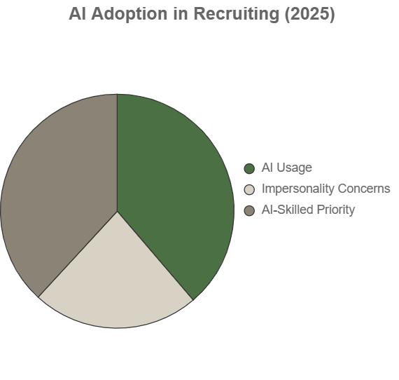 Pie chart showing 67% of recruiters using AI, 40% concerned about impersonality, and 66% prioritizing AI-skilled candidates in 2025.